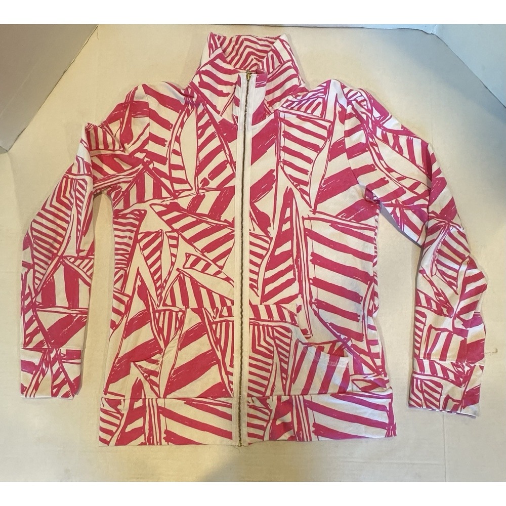 Lilly Pulitzer Jacket Full Zip Pink White Yacht Sea Print Women's Medium